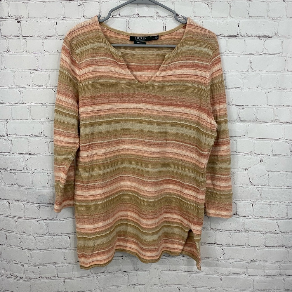 Lauren Ralph Lauren Denim linen blend shirt top 3/4 sleeves striped large